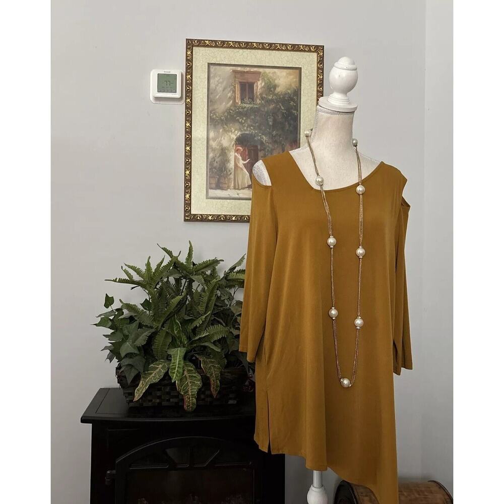 Alfani Women’s 3/4 Sleeve Mustard Tunic Size XL‎ Pullover Asymmetrical Neckline